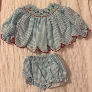 The cutest Christmas Light Blue Gingham Baby Smock with Embroidery